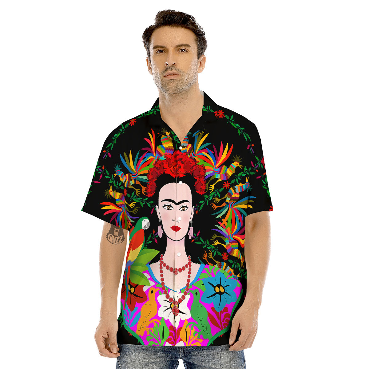 Floral And Frida Kahlo Print Men's Hawaiian Shirt-grizzshop