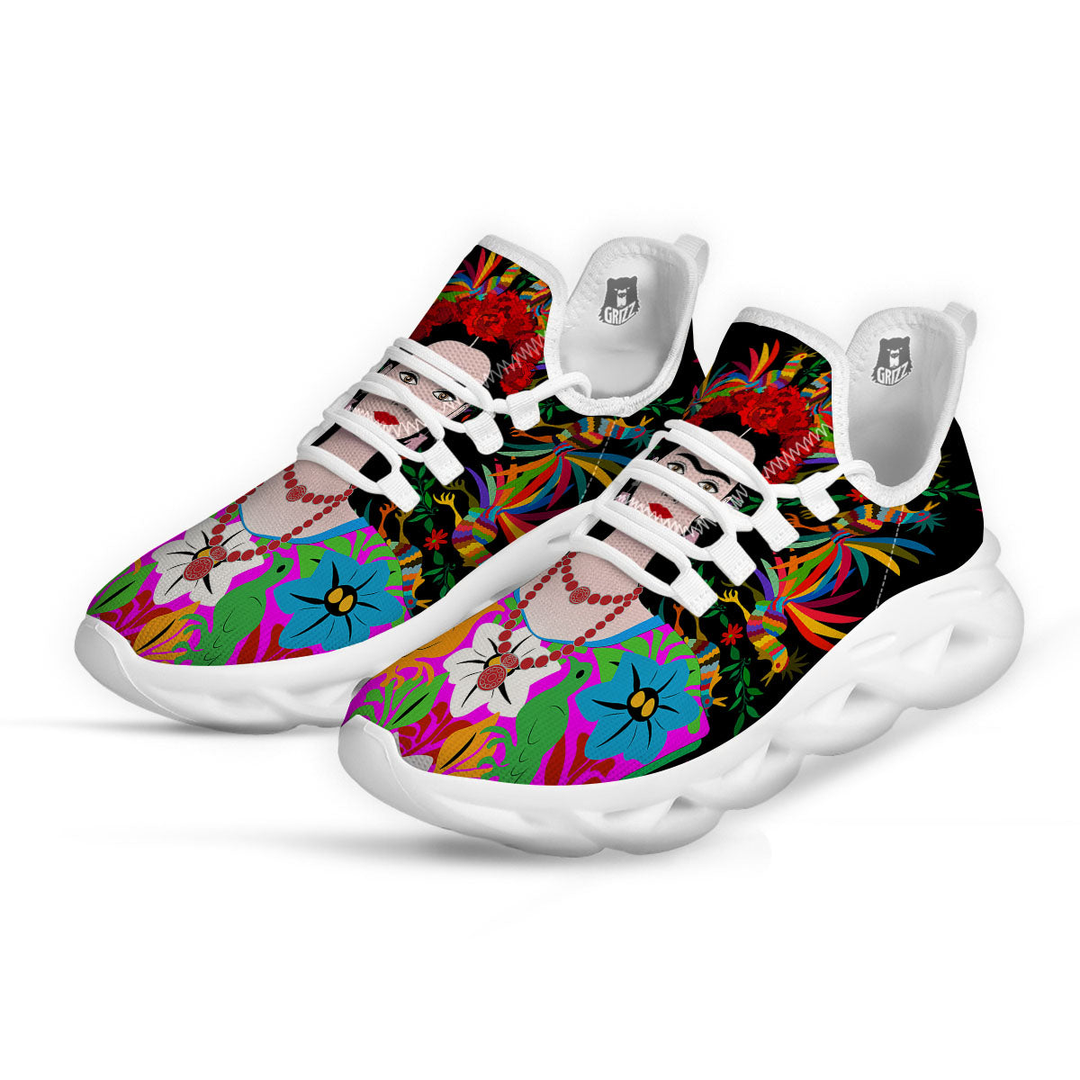 Floral And Frida Kahlo Print White Running Shoes-grizzshop