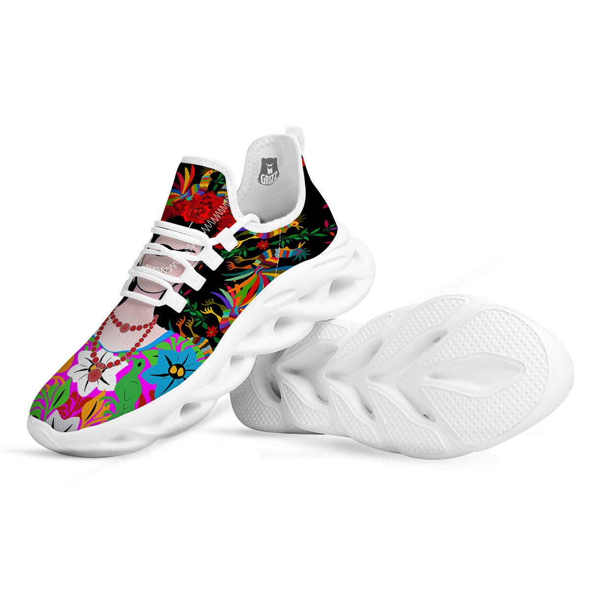 Floral And Frida Kahlo Print White Running Shoes-grizzshop