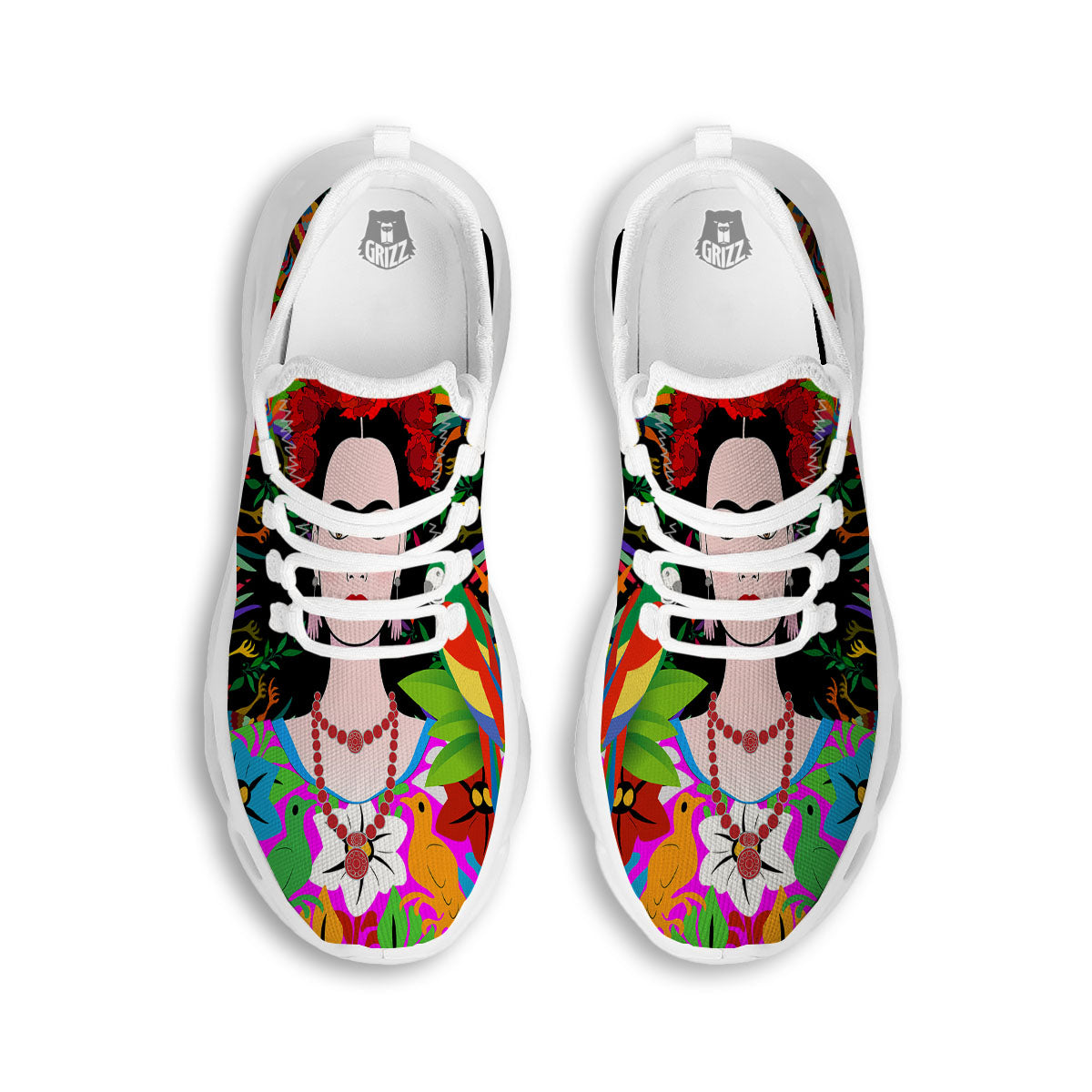 Floral And Frida Kahlo Print White Running Shoes-grizzshop
