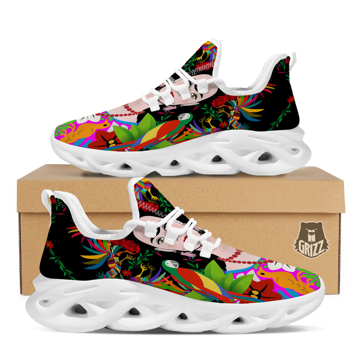 Floral And Frida Kahlo Print White Running Shoes-grizzshop