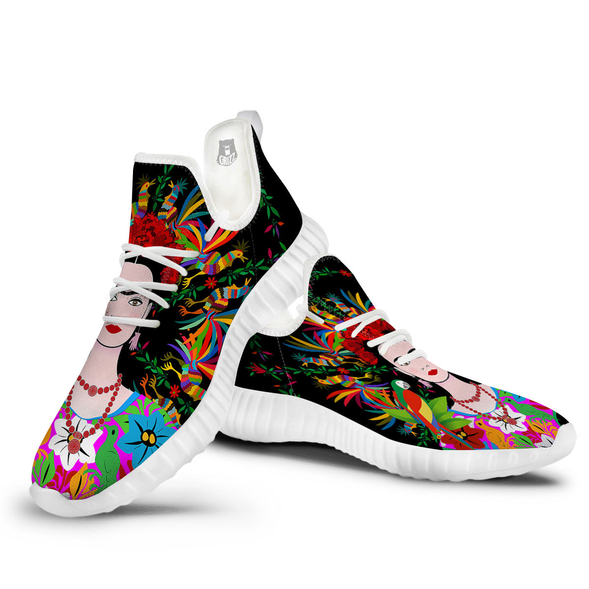 Floral And Frida Kahlo Print White Walking Shoes-grizzshop