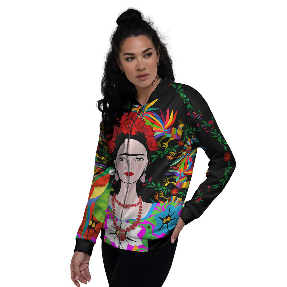 Floral And Frida Kahlo Print Women's Bomber Jacket-grizzshop