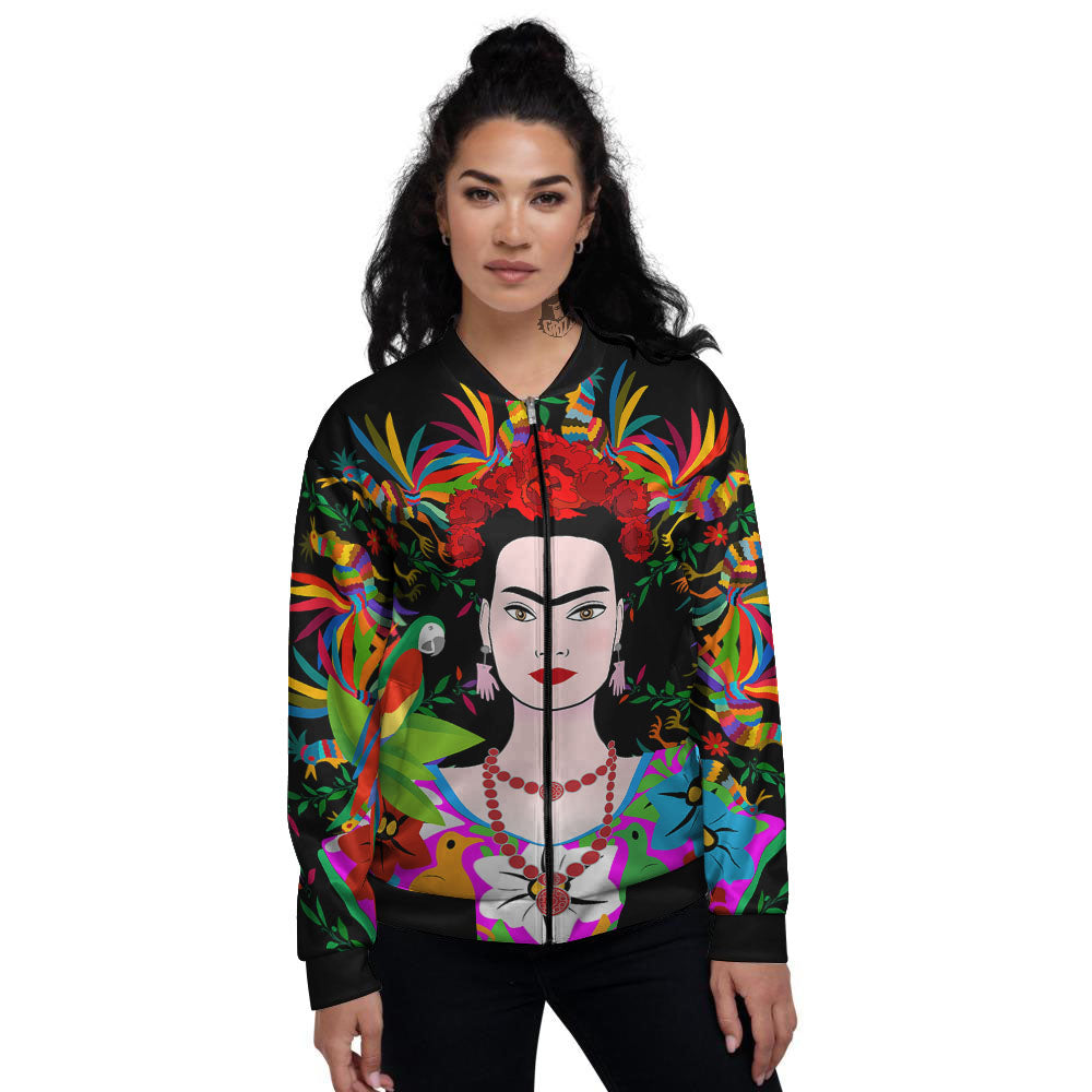 Floral And Frida Kahlo Print Women's Bomber Jacket-grizzshop