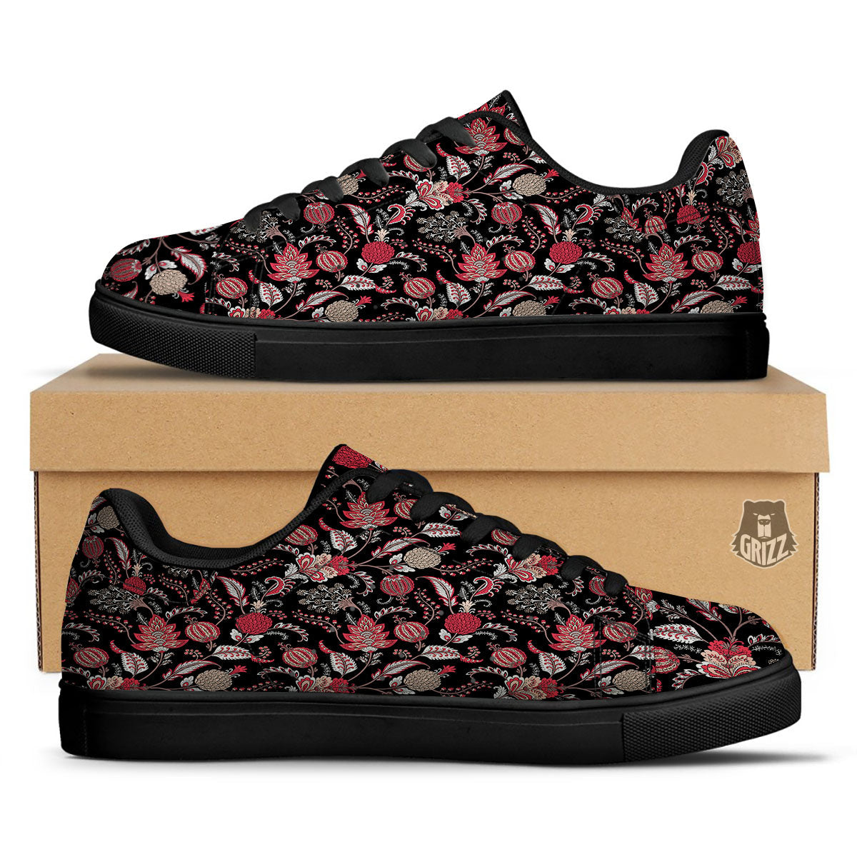 Floral And Paisley Print Pattern Black Low Top Sneakers-grizzshop