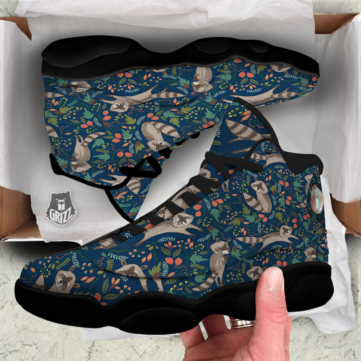 Floral And Raccoon Print Pattern Black Basketball Shoes-grizzshop