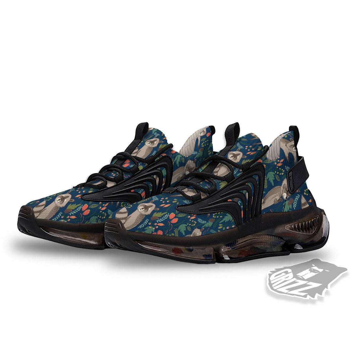 Floral And Raccoon Print Pattern Black Gym Shoes-grizzshop