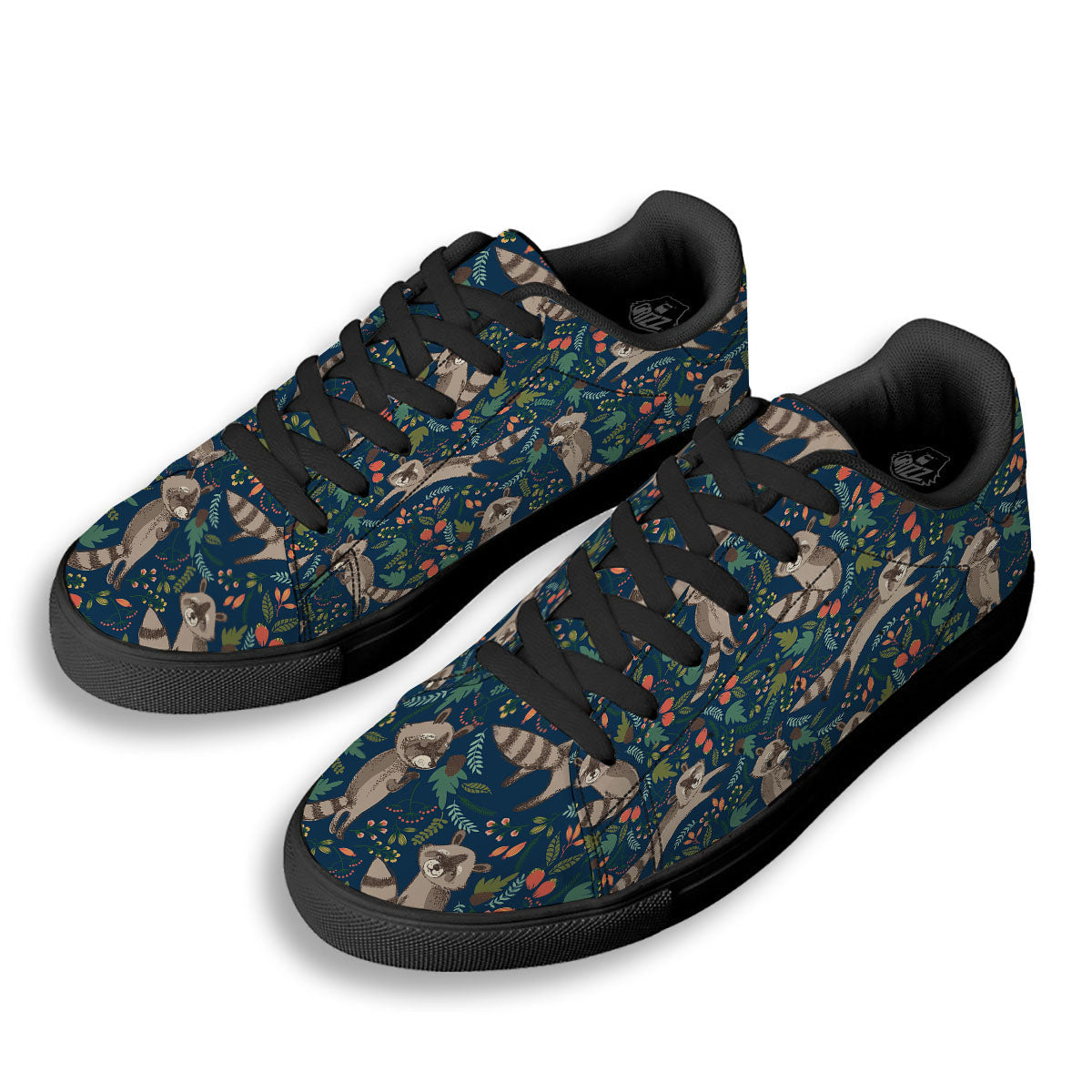 Floral And Raccoon Print Pattern Black Low Top Sneakers-grizzshop