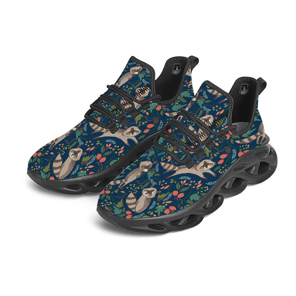 Floral And Raccoon Print Pattern Black Running Shoes-grizzshop