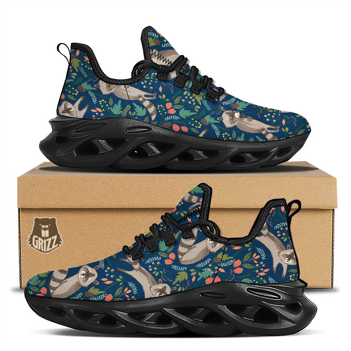Floral And Raccoon Print Pattern Black Running Shoes-grizzshop
