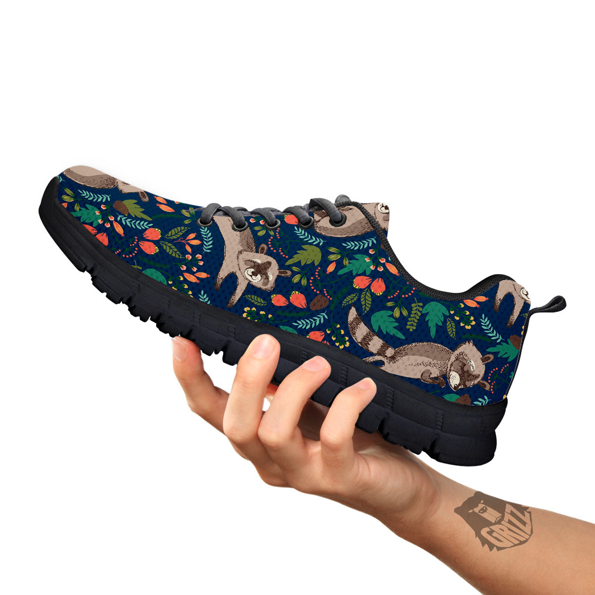 Floral And Raccoon Print Pattern Black Sneaker-grizzshop