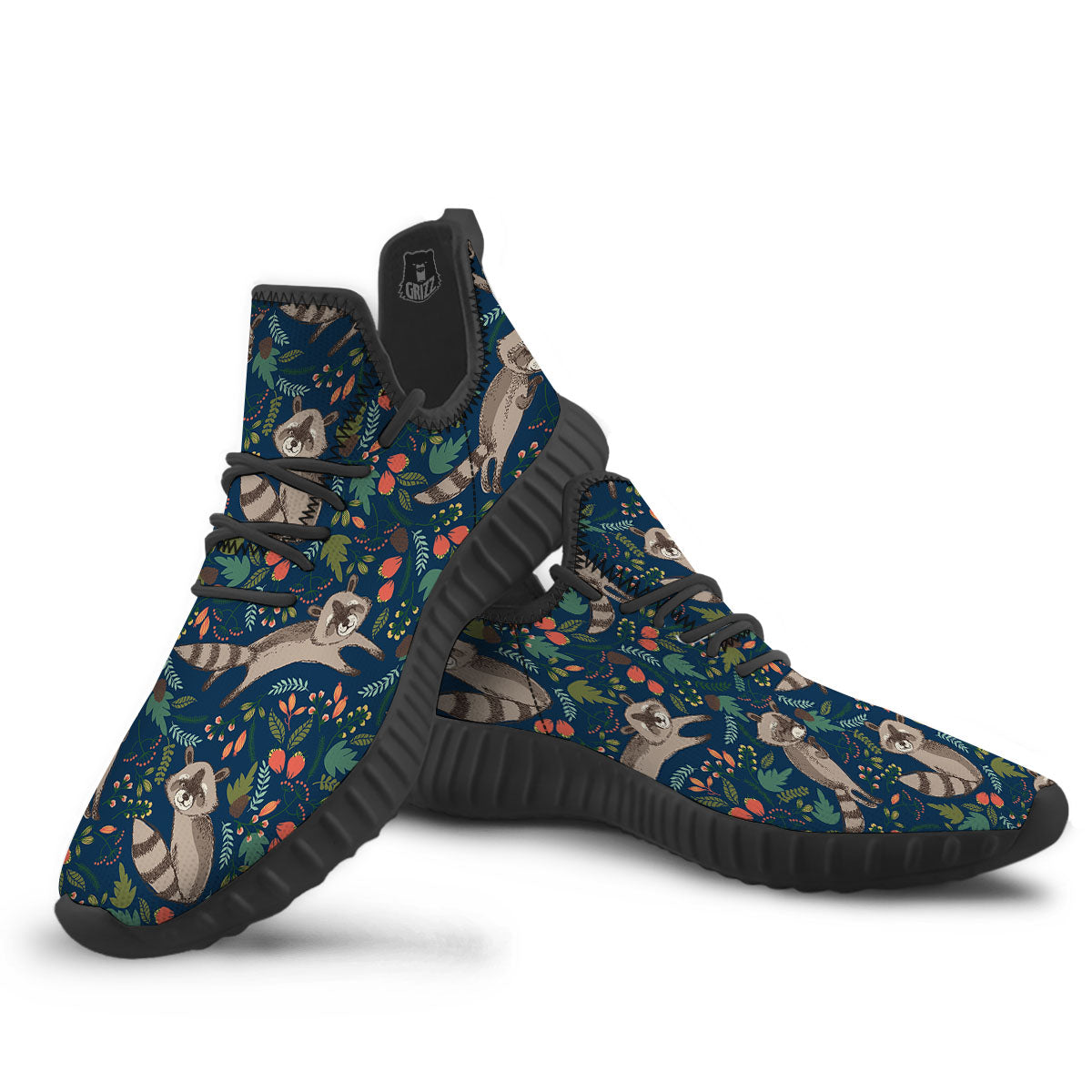 Floral And Raccoon Print Pattern Black Walking Shoes-grizzshop