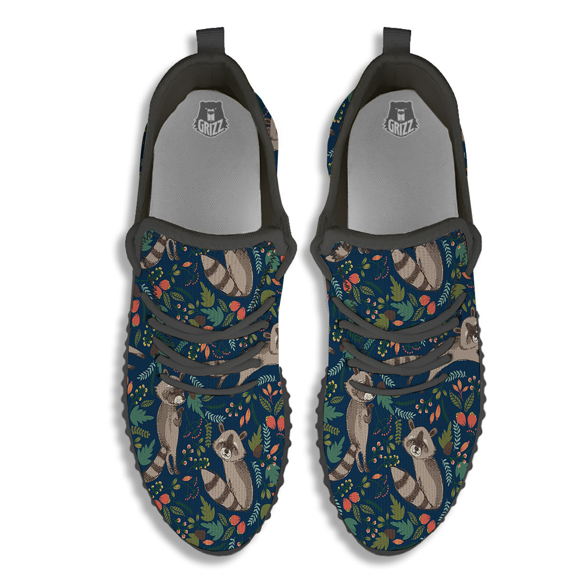 Floral And Raccoon Print Pattern Black Walking Shoes-grizzshop