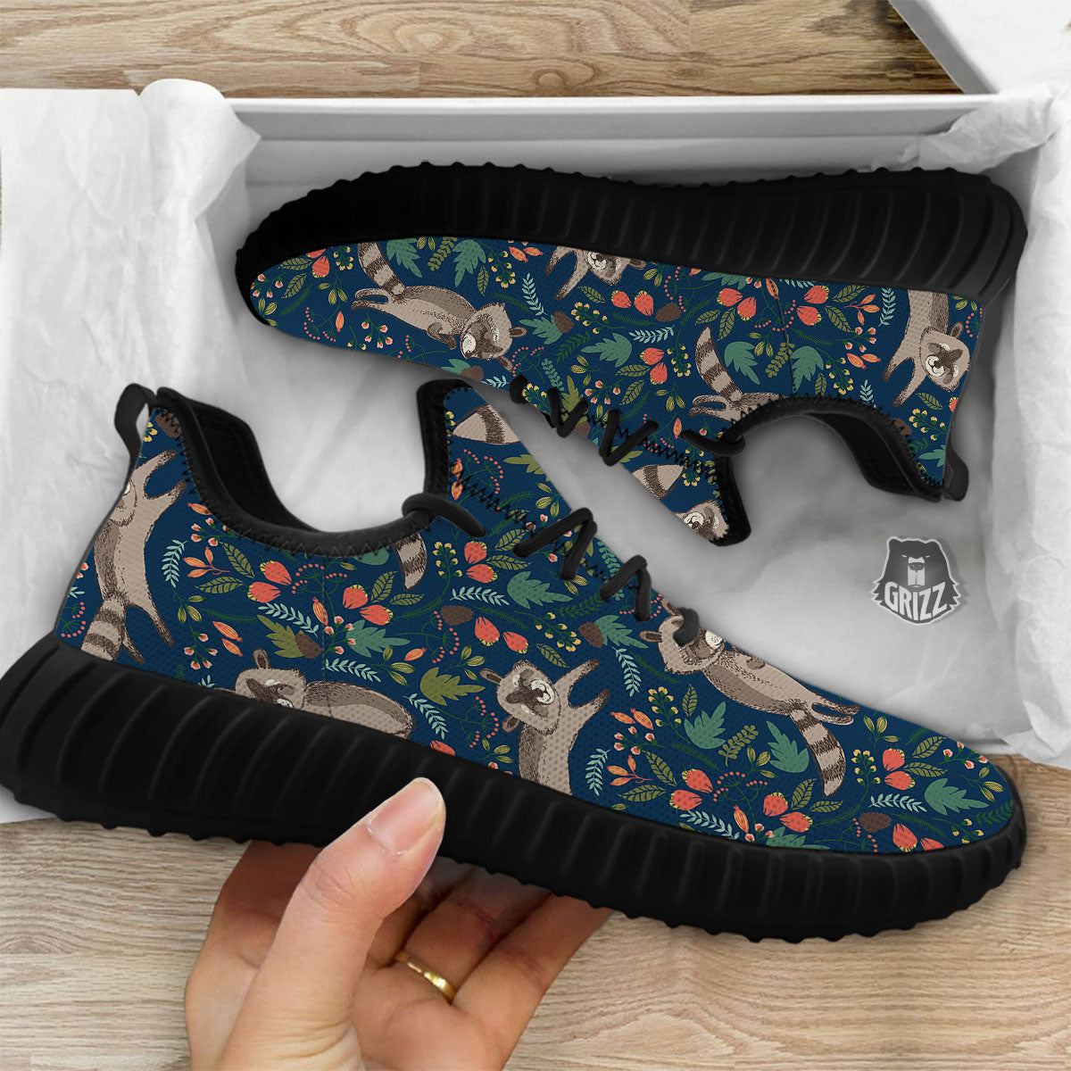 Floral And Raccoon Print Pattern Black Walking Shoes-grizzshop