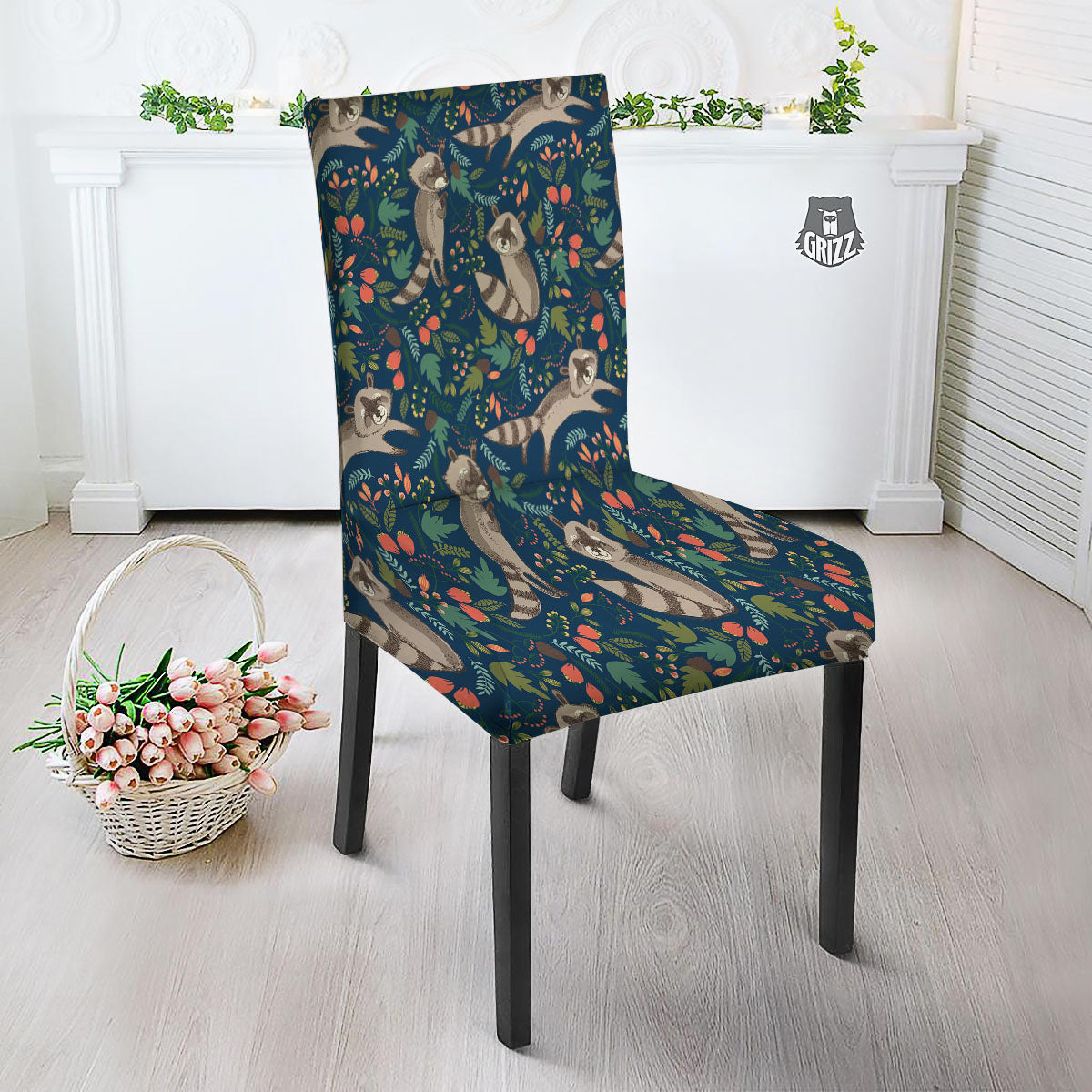 Floral And Raccoon Print Pattern Dining Chair Slipcover-grizzshop