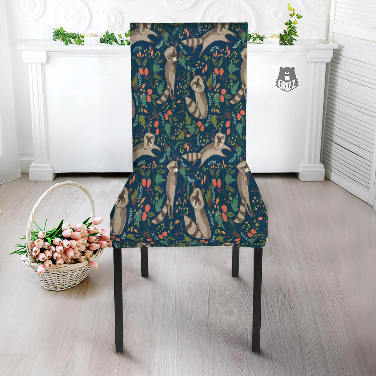 Floral And Raccoon Print Pattern Dining Chair Slipcover-grizzshop