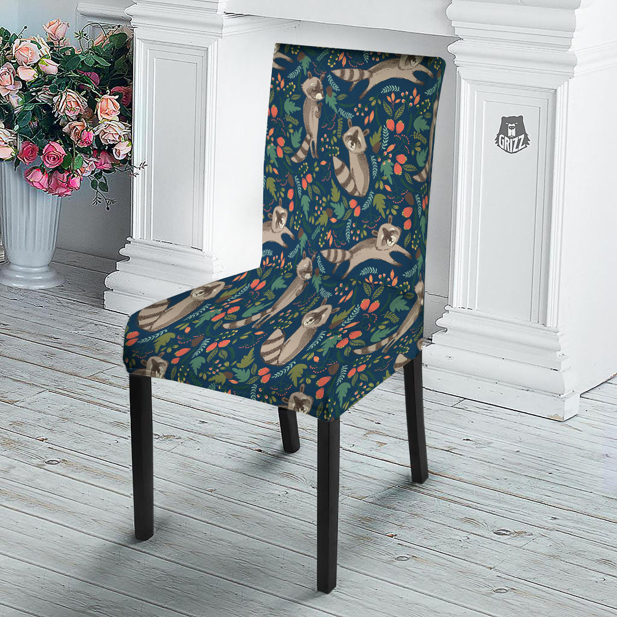 Floral And Raccoon Print Pattern Dining Chair Slipcover-grizzshop