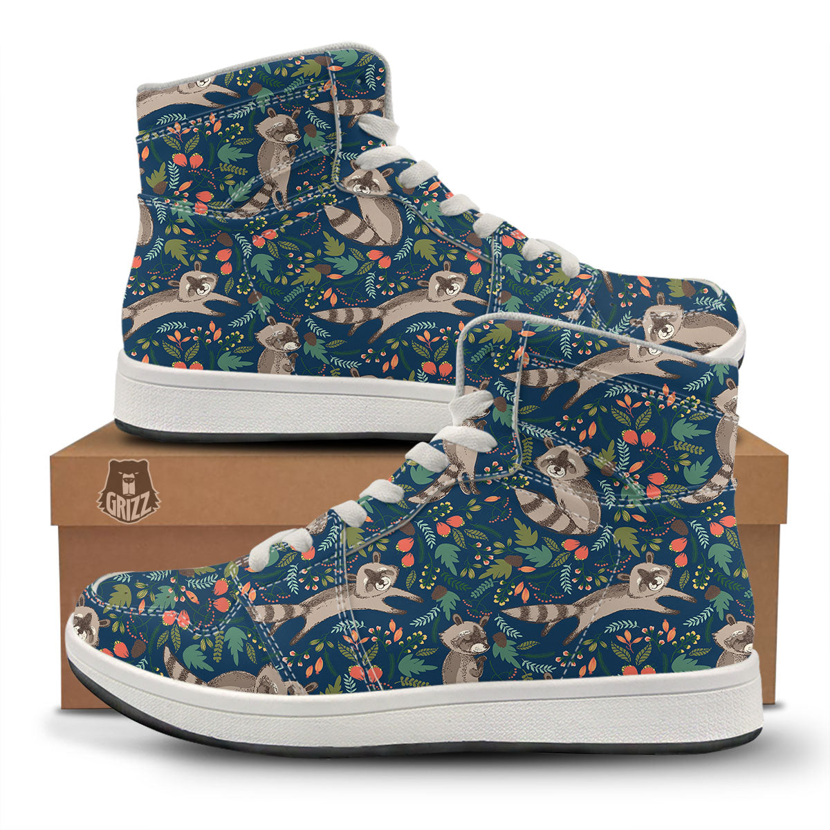 Floral And Raccoon Print Pattern High Top Sneakers-grizzshop