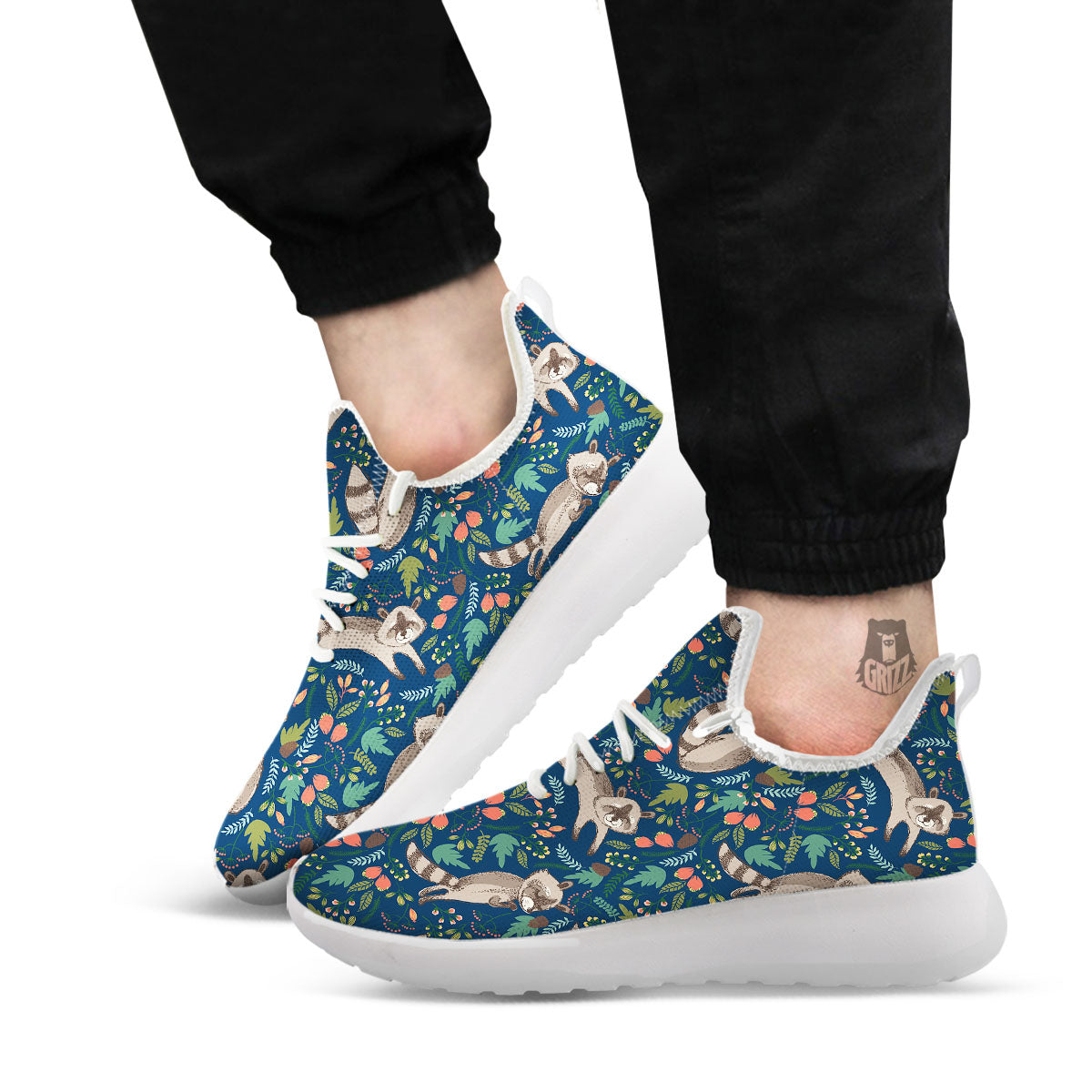 Floral And Raccoon Print Pattern White Athletic Shoes-grizzshop