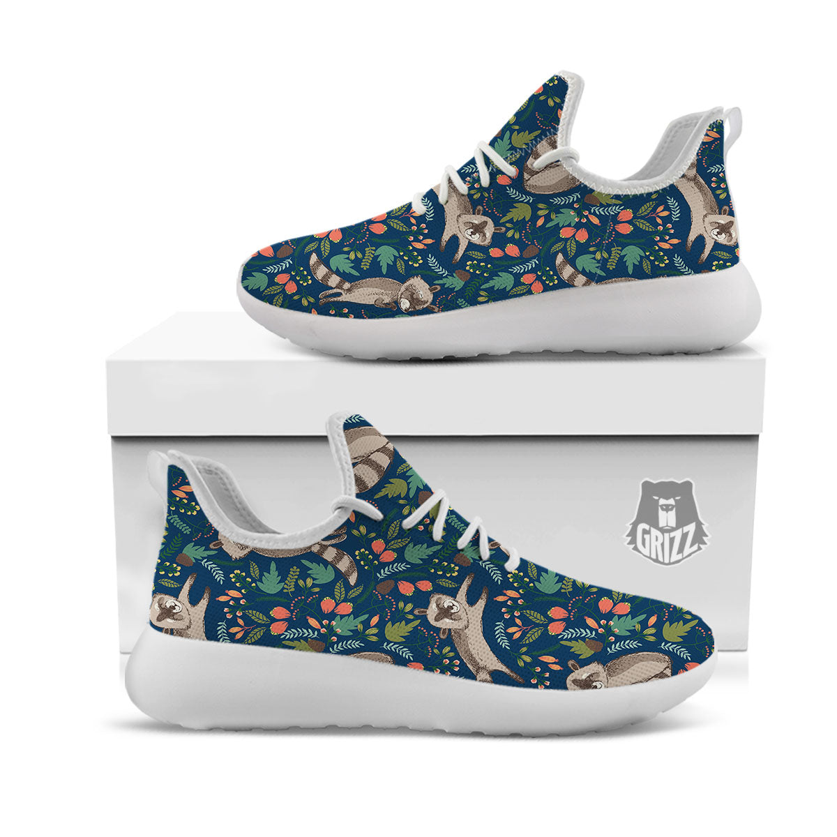 Floral And Raccoon Print Pattern White Athletic Shoes-grizzshop