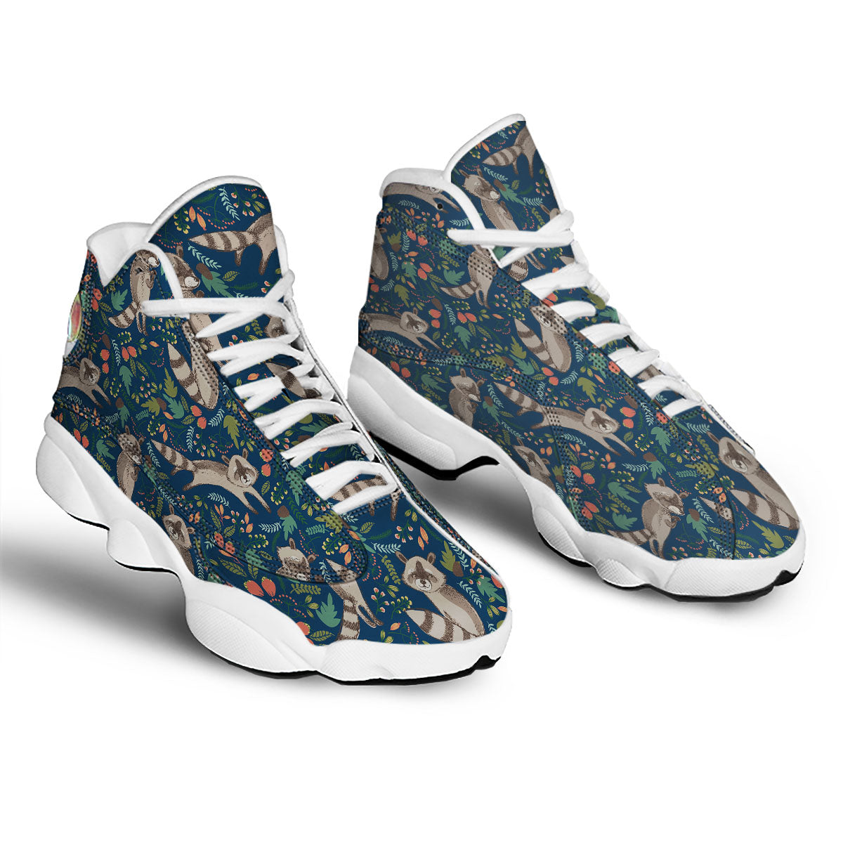 Floral And Raccoon Print Pattern White Basketball Shoes-grizzshop