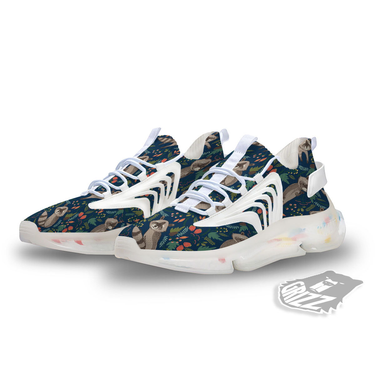 Floral And Raccoon Print Pattern White Gym Shoes-grizzshop