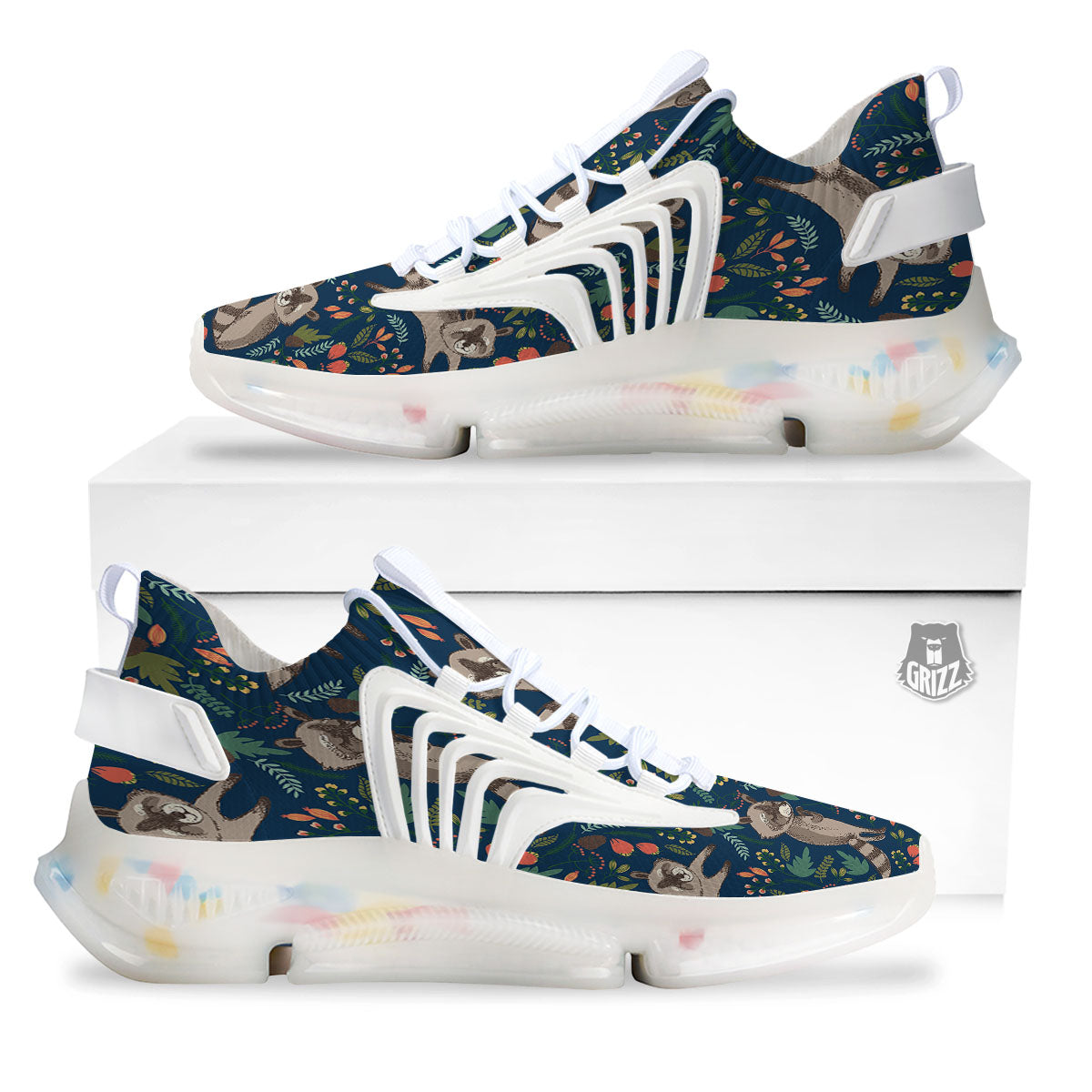Floral And Raccoon Print Pattern White Gym Shoes-grizzshop