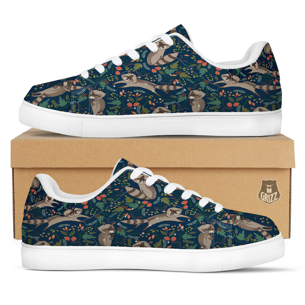 Floral And Raccoon Print Pattern White Low Top Sneakers-grizzshop