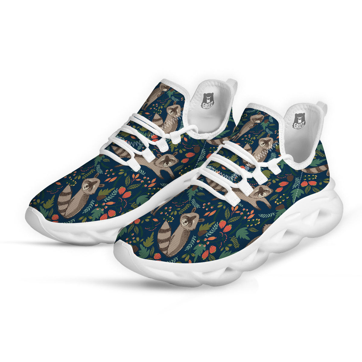 Floral And Raccoon Print Pattern White Running Shoes-grizzshop