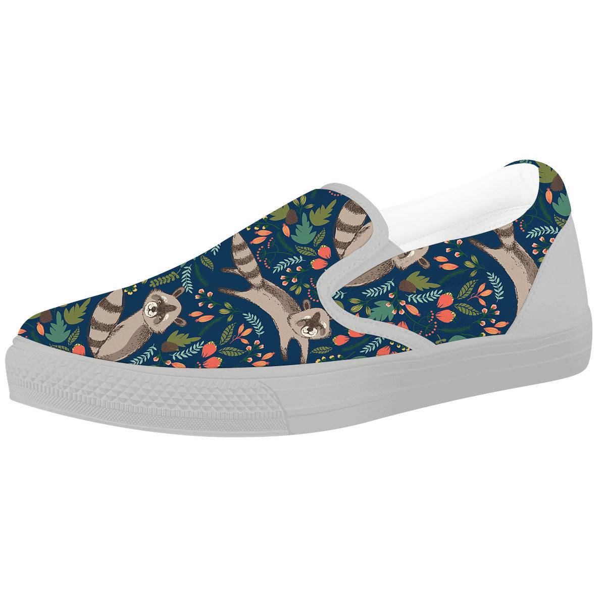 Floral And Raccoon Print Pattern White Slip On Shoes-grizzshop