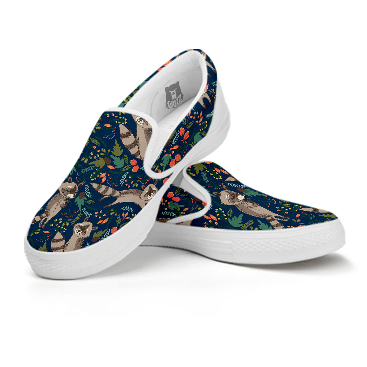 Floral And Raccoon Print Pattern White Slip On Shoes-grizzshop