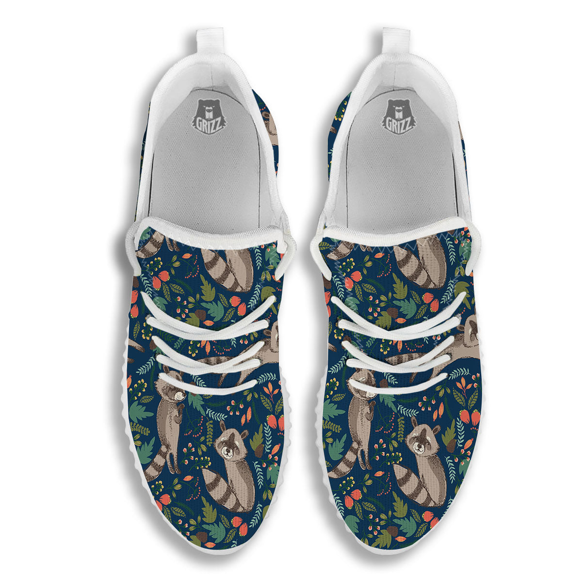 Floral And Raccoon Print Pattern White Walking Shoes-grizzshop