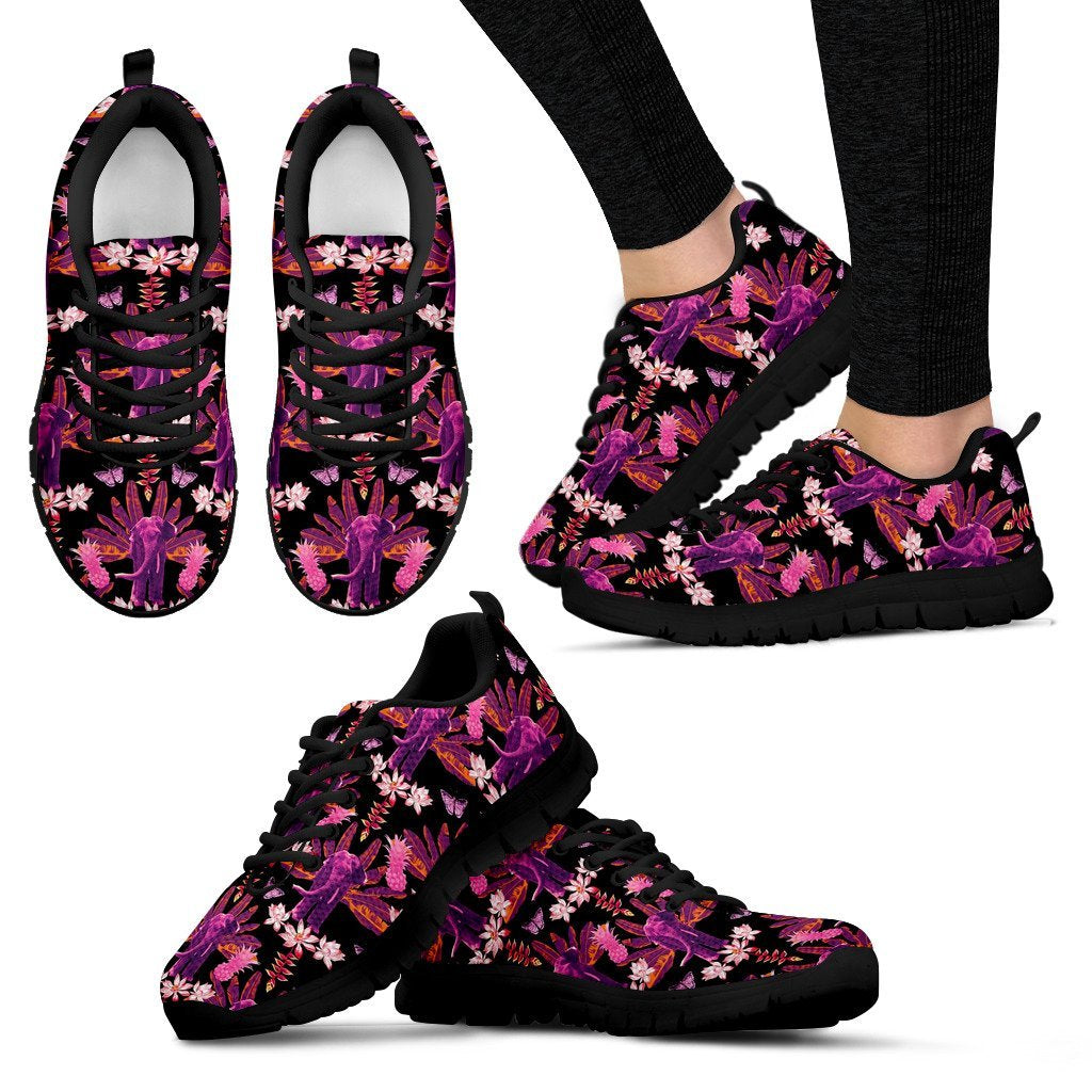 Floral Banana Leaves Elephant Print Black Sneaker Shoes For Men Women-grizzshop