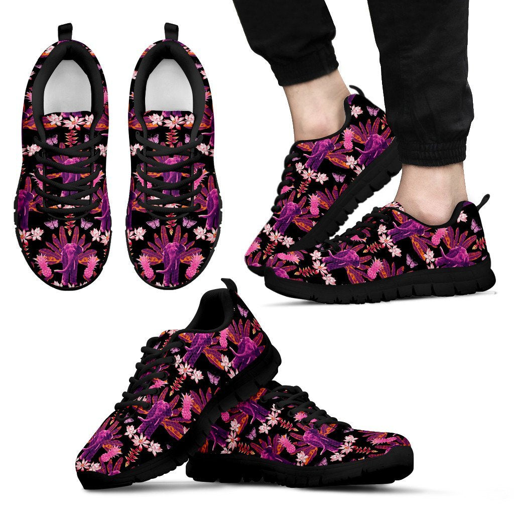 Floral Banana Leaves Elephant Print Black Sneaker Shoes For Men Women-grizzshop