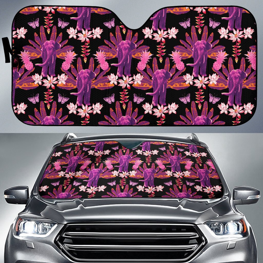 Floral Banana Leaves Elephant Print Car Sun Shade-grizzshop