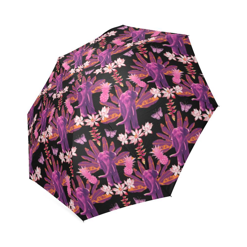 Floral Banana Leaves Elephant Print Foldable Umbrella-grizzshop