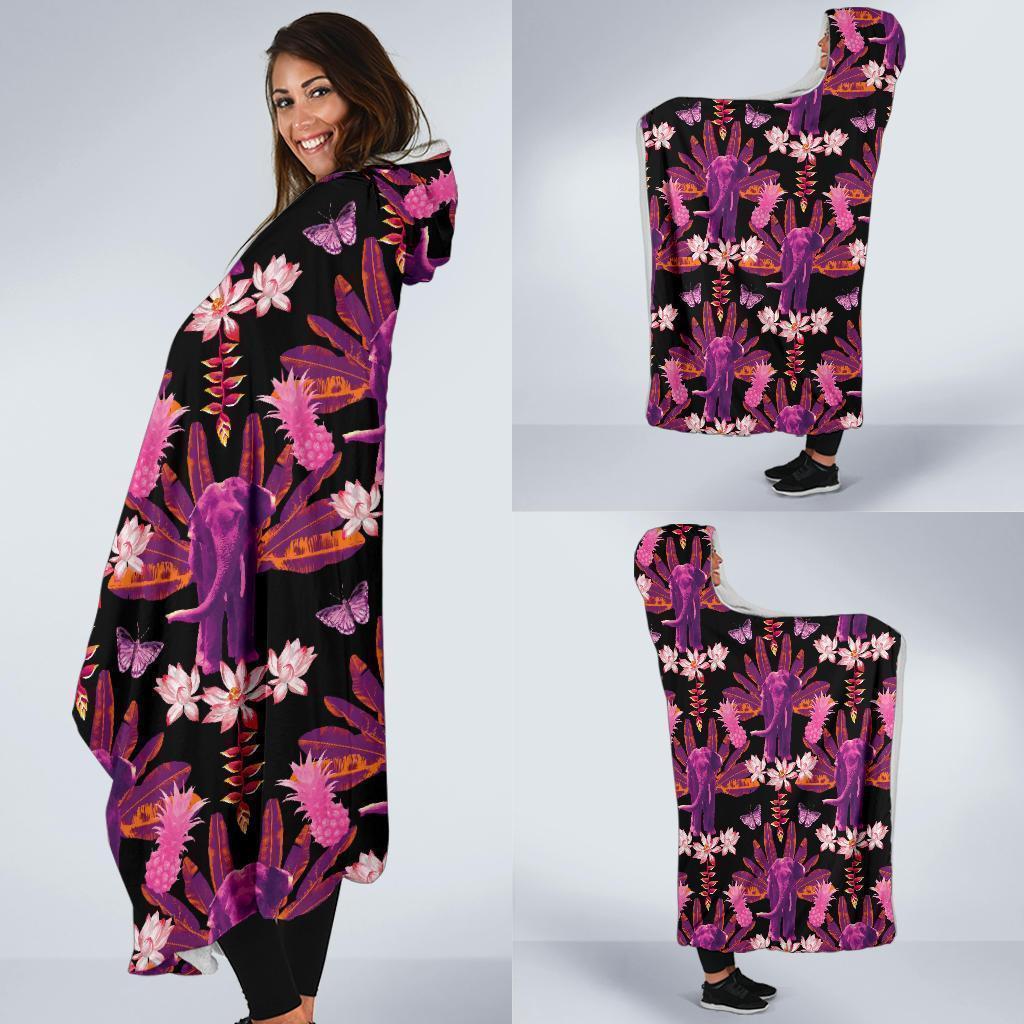 Floral Banana Leaves Elephant Print Hooded Blanket-grizzshop