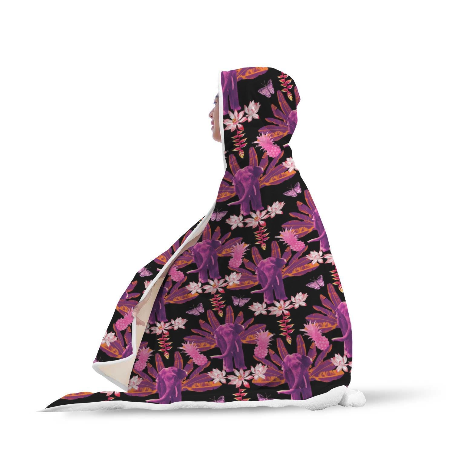 Floral Banana Leaves Elephant Print Hooded Blanket-grizzshop