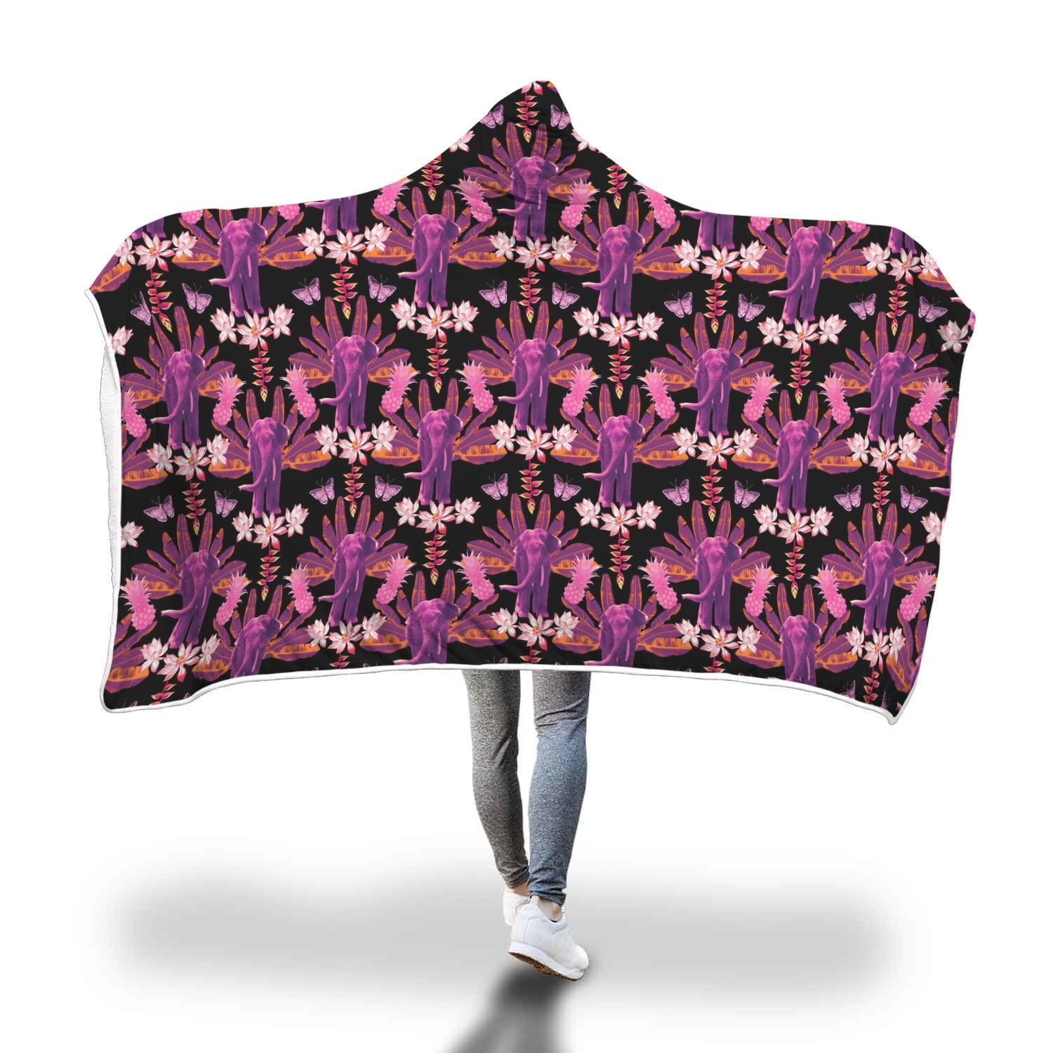 Floral Banana Leaves Elephant Print Hooded Blanket-grizzshop