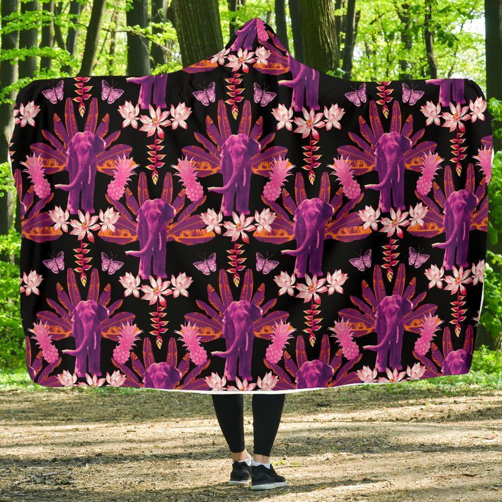 Floral Banana Leaves Elephant Print Hooded Blanket-grizzshop