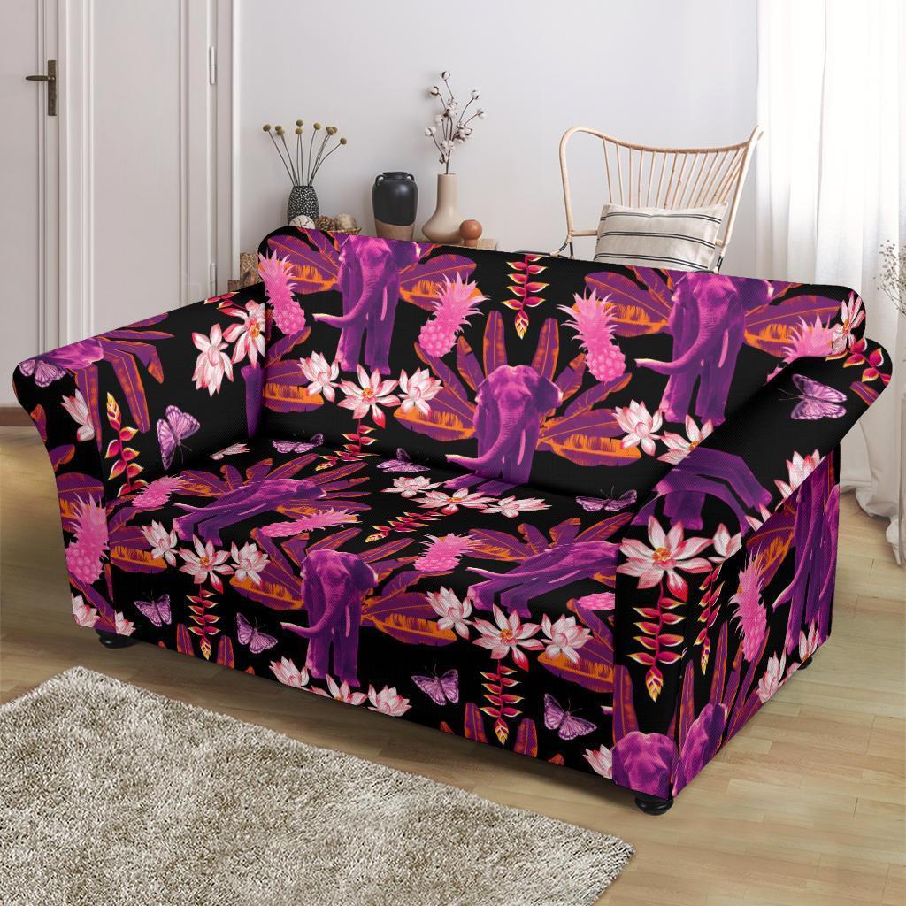 Floral Banana Leaves Elephant Print Loveseat Cover-grizzshop