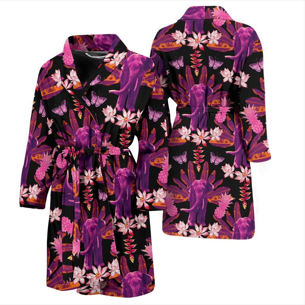 Floral Banana Leaves Elephant Print Men Long Robe-grizzshop