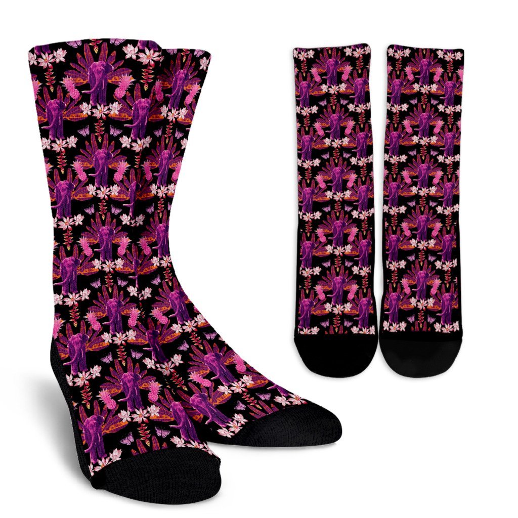 Floral Banana Leaves Elephant Print Unisex Crew Socks-grizzshop