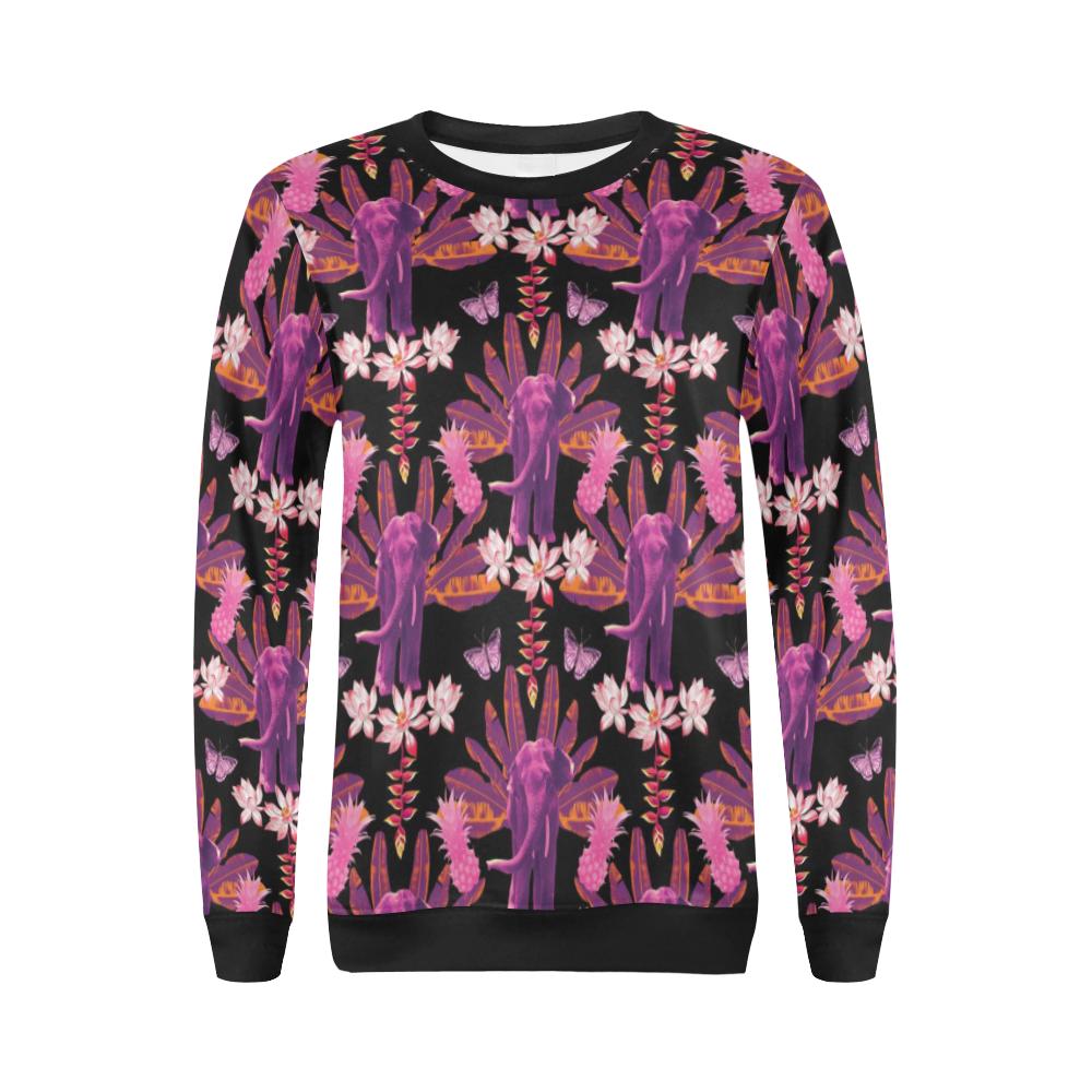 Floral Banana Leaves Elephant Print Women Crewneck Sweatshirt-grizzshop