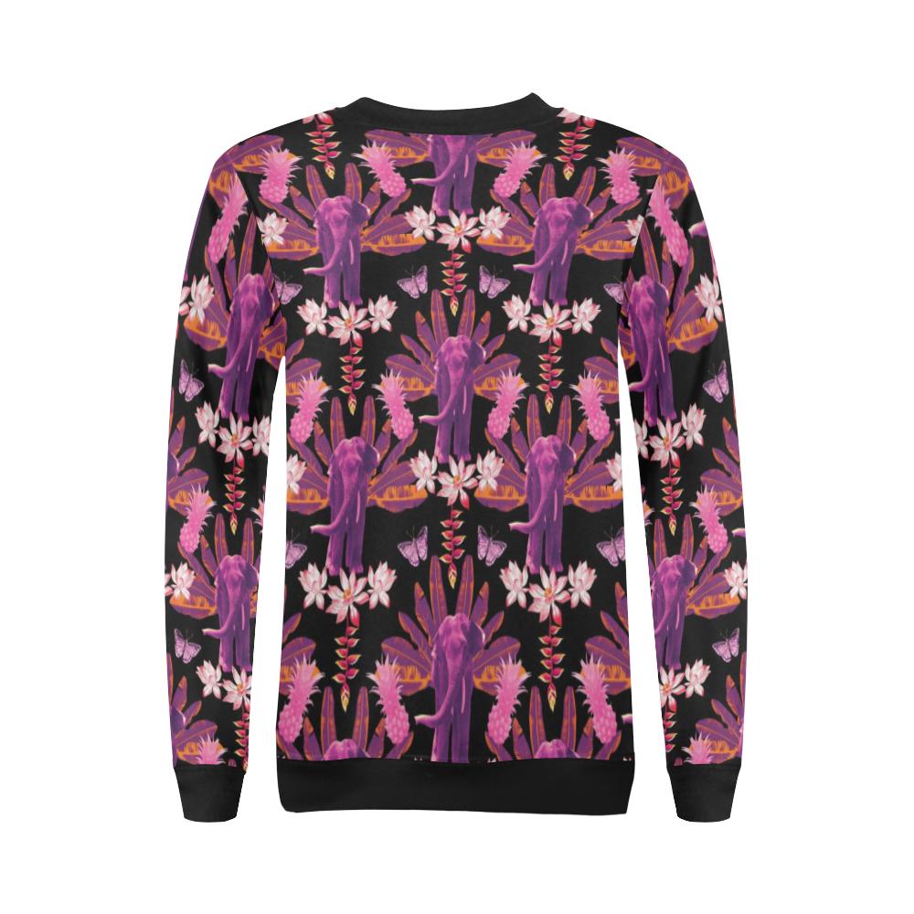 Floral Banana Leaves Elephant Print Women Crewneck Sweatshirt-grizzshop