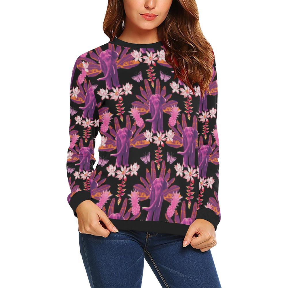 Floral Banana Leaves Elephant Print Women Crewneck Sweatshirt-grizzshop