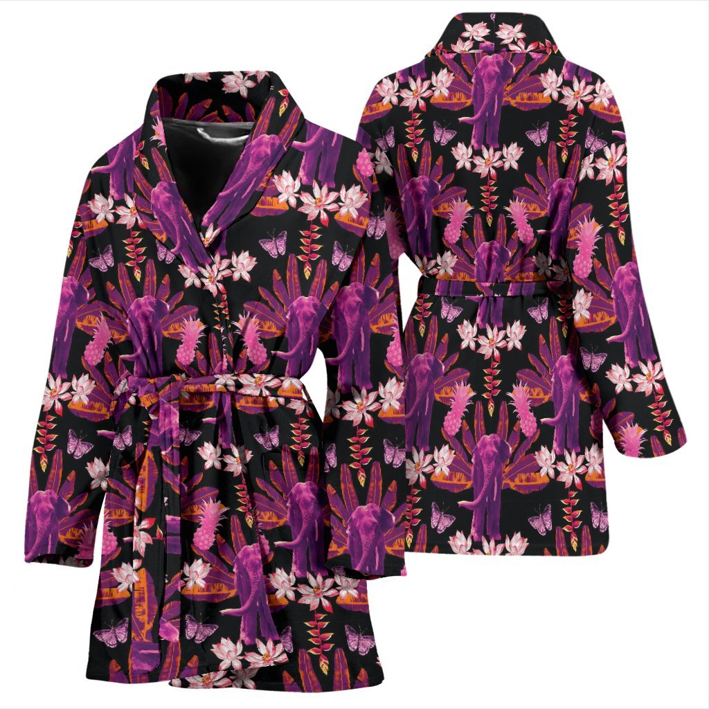 Floral Banana Leaves Elephant Print Women Long Robe-grizzshop