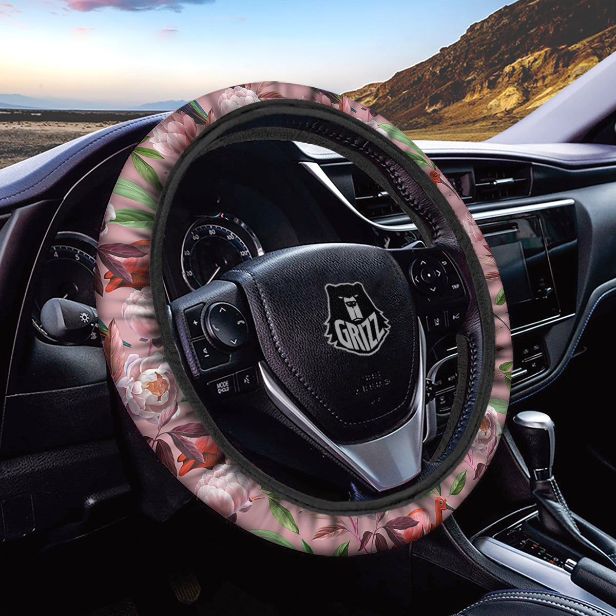 Floral Bird Pink Print Pattern Car Steering Wheel Cover-grizzshop
