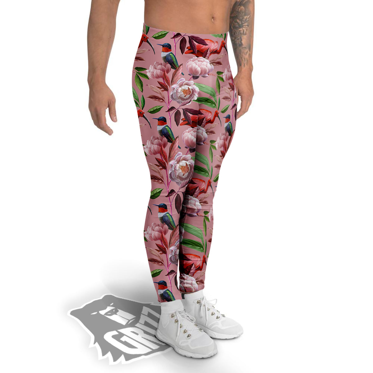 Floral Bird Pink Print Pattern Men's Leggings-grizzshop