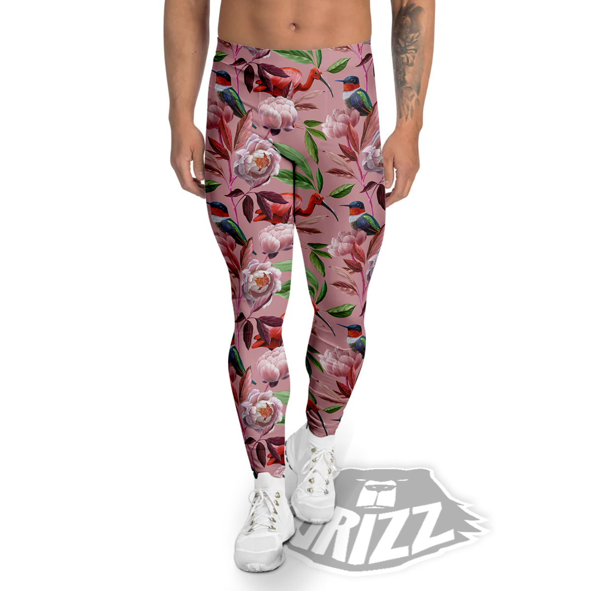 Floral Bird Pink Print Pattern Men's Leggings-grizzshop